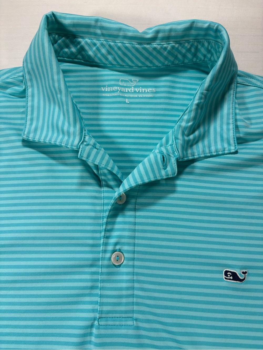Vineyard Vines Mens Large Striped Performance Polo Shirt Aqua Blue Golf